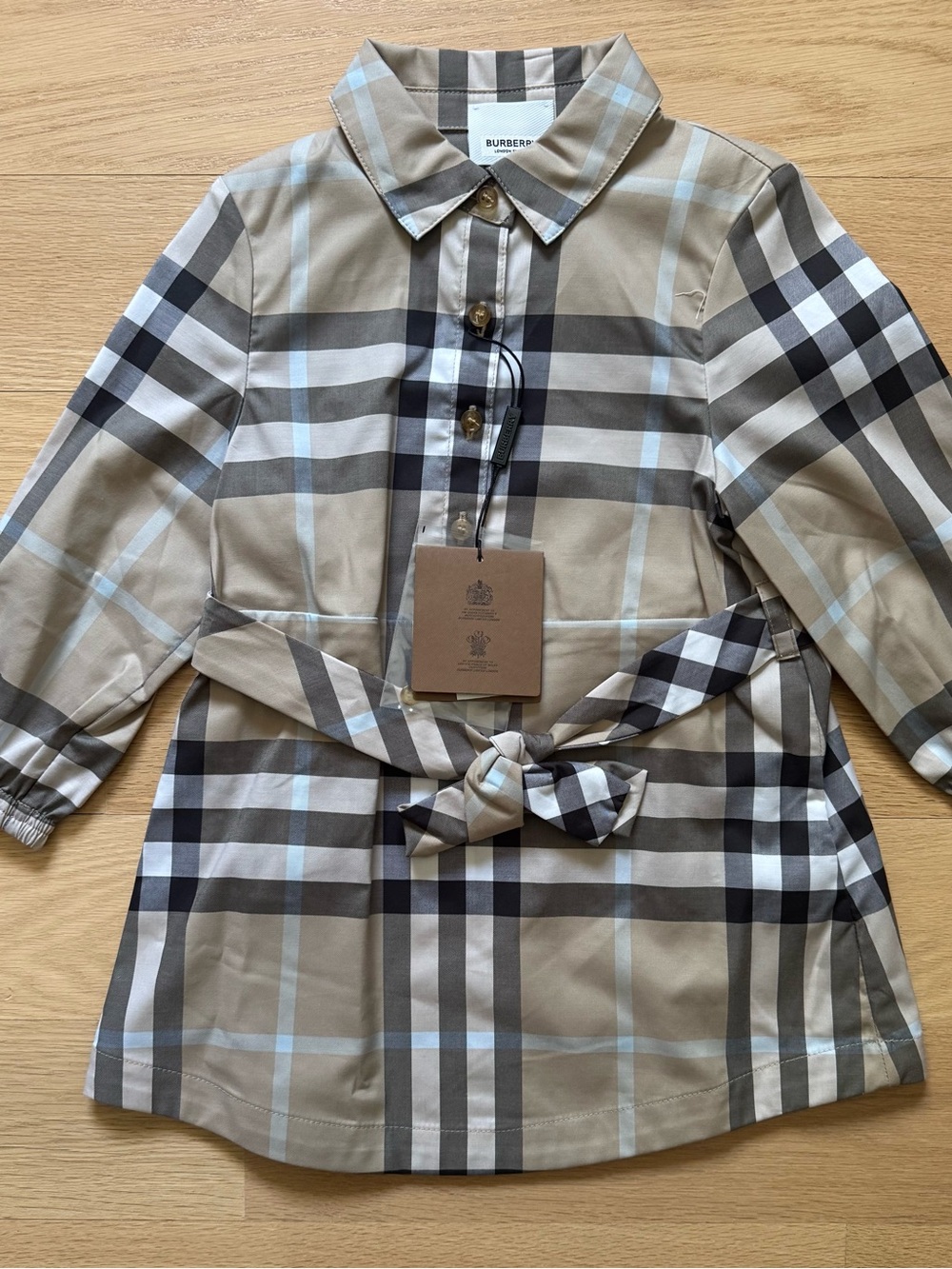 Burberry Beige, Black & Light Blue Classic Check Tie-Waist Shirt Dress